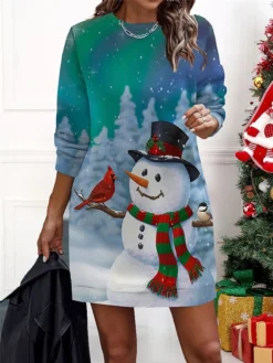 Women‘s Christmas Casual Dress Sweatshirt Dress Mini Dress Warm Fashion Outdoor Holiday Crew Neck Print Santa Claus Snowman Loose Fit Black Red Burgundy S M L XL XXL -HANs Plus Size Style Shop mpvqgv1694661939183