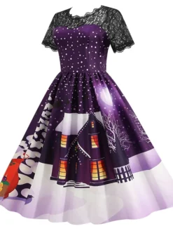 Women's Christmas Knee Length Dress Blue Purple Wine Green Black Red Short Sleeve Print Lace Print Fall Winter Round Neck CasualRegular Fit 2021 S M L XL XXL 3XL -HANs Plus Size Style Shop mqcjtm1632737573121