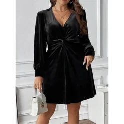 Women's Plus Size Curve Party Dress Black Velvet Dress Cocktail Dress Solid Color Mini Dress Long Sleeve Ruched V Neck Fashion Party Black Fall Winter XL XXL 3XL -HANs Plus Size Style Shop mqmfuh1695645442294