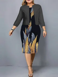 Women's Plus Size Curve Casual Dress Dress Set Two Piece Dress Leaf Floral Midi Dress Long Sleeve Print Crew Neck Fashion Outdoor Black Wine Fall Winter L XL XXL 3XL 4XL