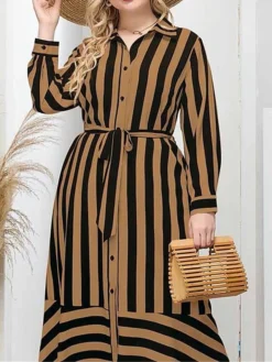 Women's Plus Size Shirt Dress Casual Dress Swing Dress Midi Dress Outdoor Daily Date Polyester Fashion Modern Shirt Collar Lace Up Button Long Sleeve Fall Winter 2023 Loose Fit Brown Striped L XL 2XL -HANs Plus Size Style Shop mqxsva1693451928090