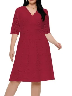 Women‘s Plus Size Curve Party Dress Lace Dress White Dress Solid Color Midi Dress Half Sleeve Lace V Neck Fashion Party White Red Summer Spring XL XXL 3XL 4XL 5XL -HANs Plus Size Style Shop mrdzph1681204550816