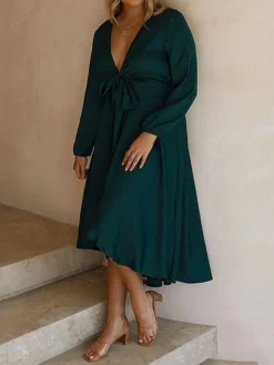 Women's Plus Size Curve Casual Dress Sheath Dress A Line Dress Plain Midi Dress Long Sleeve Lace Up Ruched V Neck Fashion Outdoor Green Fall Winter L XL XXL 3XL 4XL -HANs Plus Size Style Shop mrlixw1695025150551