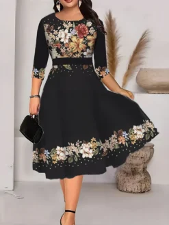 Women‘s Plus Size Curve Work Dress Swing Dress A Line Dress Fashion Midi Dress Print Crew Neck 3/4 Length Sleeve Floral Geometric Regular Fit Black White Green Summer Fall L XL XXL 3XL 4XL -HANs Plus Size Style Shop mrsyvb1690962538699