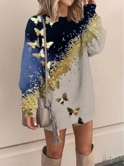 Women's Casual Dress Sweatshirt Dress Shift Dress Floral Butterfly Print Crew Neck Mini Dress Fashion Streetwear Outdoor Daily Long Sleeve Loose Fit Navy Blue Royal Blue Purple Spring Fall S M L XL
