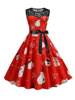 Women‘s Christmas Retro 1950s Vintage Dress Midi Dress Party Patchwork Bow Santa Claus Crew Neck Sleeveless Regular Fit Fall Winter 2023 Black Wine S M L XL -HANs Plus Size Style Shop mscwso1694501409039