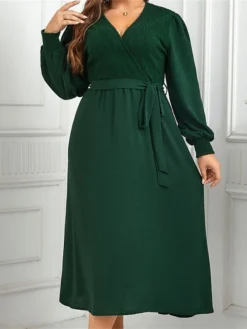 Women's Plus Size Curve Casual Dress Sheath Dress Plain Midi Dress Long Sleeve Lace Up Split V Neck Fashion Outdoor Green Fall Winter XL XXL 3XL 4XL -HANs Plus Size Style Shop msepyc1695031566449