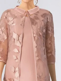 Women's Plus Size Curve Party Dress Dress Set Two Piece Dress Floral Midi Dress 3/4 Length Sleeve Mesh Embroidered Shirt Collar Fashion Party Pink Fall Winter L XL XXL 3XL 4XL -HANs Plus Size Style Shop msplkq1696995427691