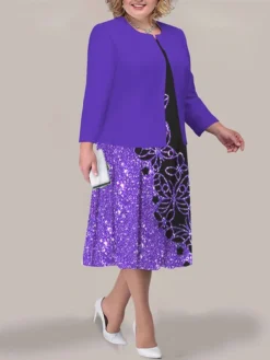 Women's Plus Size Curve Two Piece Dress Set Casual Dress Swing Dress Outdoor Office Fashion Streetwear Print Midi Dress Crew Neck Long Sleeve Leopard Ombre Yellow Pink Dark Pink Fall Winter L -HANs Plus Size Style Shop mtzfti1692942520887