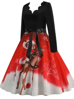 Women's Christmas Casual Dress Swing Dress Midi Dress Green Wine Light Red Fuchsia Red Long Sleeve Santa Claus Elk Bow Print Winter Fall V Neck Vacation Vintage 2022 S M L XL XXL 3XL -HANs Plus Size Style Shop mudkvh1666761908809