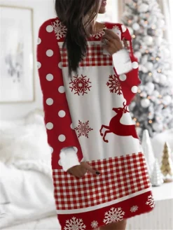 Women's Christmas Hoodie Dress Winter Dress Mini Dress Green Light Red Fuchsia Red Gray White Long Sleeve Plaid Elk Snowflake Pocket Print Winter Fall Hooded Casual Loose Fit 2022 S M L XL XXL 3XL -HANs Plus Size Style Shop mujkxm1666927868643
