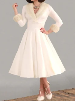 Women's Christmas Swing Dress Vintage Dress Midi Dress Red White Long Sleeve Pure Color Patchwork Winter Fall V Neck Vintage Stylish Elegant Fall Dress 2022 S M L XL XXL / Winter Dress -HANs Plus Size Style Shop munmwj1667543574524