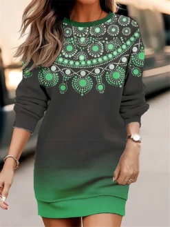 Women's Casual Dress Sweatshirt Dress Mini Dress Warm Fashion Outdoor Holiday Vacation Crew Neck Print Floral Print Loose Fit Blue Purple Green S M L XL XXL -HANs Plus Size Style Shop mutrnq1695195912957