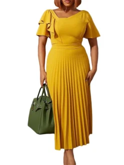 Women‘s Plus Size Curve Party Dress Solid Color V Neck Ruched Short Sleeve Fall Spring Work Prom Dress Maxi Long Dress Party Holiday Dress Ruffle -HANs Plus Size Style Shop muxyjs1648636996702