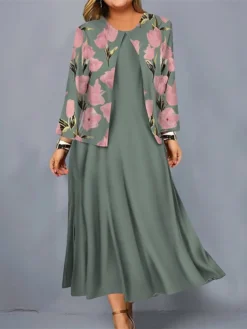 Women's Plus Size Curve Casual Dress Dress Set Two Piece Dress Floral Gradient Midi Dress Long Sleeve Print Crew Neck Mature Outdoor Black Pink Fall Winter L XL XXL 3XL 4XL -HANs Plus Size Style Shop mvblnc1695095966972