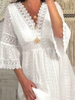 Women's Casual Dress White Dress Summer Dress Mini Dress Eyelet Daily Holiday Date Fashion Modern V Neck Sleeveless 2023 Regular Fit White Ivory Color S M L XL XXL Size -HANs Plus Size Style Shop mvisrv1684323930652