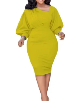 Women‘s Plus Size Curve Holiday Dress Solid Color V Neck Ruched Long Sleeve Fall Winter Work Knee Length Dress Work Weekend Dress -HANs Plus Size Style Shop mvocab1647508312043