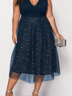 Women‘s Plus Size Curve Party Dress Solid Color V Neck Mesh Sleeveless Spring Fall Elegant Sexy Sequins Prom Dress Midi Dress Formal Party Dress Sequin Dress Homecoming Dress Print -HANs Plus Size Style Shop mweefw1648866352783