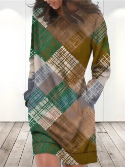 Women's Casual Dress Sweatshirt Dress Winter Dress Geometric Plaid Pocket Print Crew Neck Mini Dress Fashion Streetwear Outdoor Daily Long Sleeve Loose Fit Yellow Brown Green Fall Winter S M L XL XXL