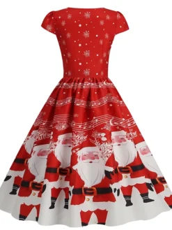 Women's Christmas Swing Dress Vintage DressKnee Length Dress Blue Wine Red Light BlueShort Sleeve Santa Claus Snowman Tree Print Fall Winter Square Neck Vintage Elegant Slim 2022 S M L XL -HANs Plus Size Style Shop mwmpal1665475225951
