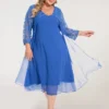 Women‘s Plus Size Curve Party Dress Lace Dress Work Dress Midi Dress Blue 3/4 Length Sleeve Pure Color Lace Summer Spring Fall V Neck Fashion Wedding Guest Summer Dress 2023 L XL XXL 3XL 4XL 5XL
