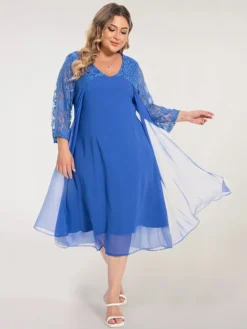 Women‘s Plus Size Curve Party Dress Lace Dress Work Dress Midi Dress Blue 3/4 Length Sleeve Pure Color Lace Summer Spring Fall V Neck Fashion Wedding Guest Summer Dress 2023 L XL XXL 3XL 4XL 5XL