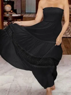 Women's Long Dress Maxi Dress Casual Dress Sheath Dress Swing Dress Pure Color Streetwear Casual Outdoor Holiday Date Ruched Patchwork Sleeveless Strapless Dress Slim Black White Yellow Summer Spring -HANs Plus Size Style Shop mxggev1683083774850