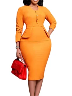 Women‘s Plus Size Curve Work Dress Solid Color V Neck Long Sleeve Fall Winter Work Elegant Formal Knee Length Dress Formal Work Dress -HANs Plus Size Style Shop mxrcrn1663308383468