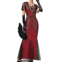 Women's Retro 1920s Sequin Dress Long Dress Maxi Dress Party Halloween Sequins Mesh Floral V Neck Short Sleeve Regular Fit Spring Fall 2023 Black Red XS S M L -HANs Plus Size Style Shop mxvycp1692857596251