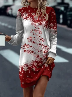 Women‘s Christmas Casual Dress Sweatshirt Dress Mini Dress Warm Daily Outdoor Holiday Crew Neck Print Tree Loose Fit Black Red Blue S M L XL XXL