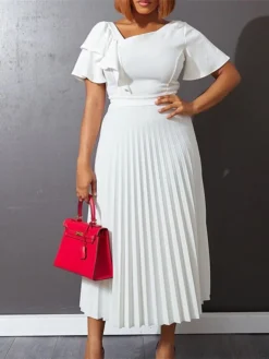 Women‘s Plus Size Curve Party Dress Solid Color V Neck Ruched Short Sleeve Fall Spring Work Prom Dress Maxi Long Dress Party Holiday Dress Ruffle -HANs Plus Size Style Shop myemdz1648637000952