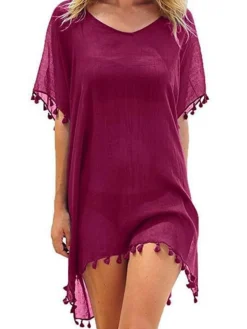 Women's Cover Up Beach Dress Beach Wear Mini Dress Tassel Fringe Basic Casual Plain V Neck Half Sleeve Loose Fit Outdoor Daily Black White 2023 Spring Summer M -HANs Plus Size Style Shop myfzjg1672903128093