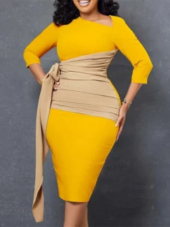 Women‘s Plus Size Curve Work Dress Color Block V Neck 3/4 Length Sleeve Spring Fall Work Elegant Knee Length Dress Work Work Dress Dress -HANs Plus Size Style Shop mylleo1665655672110