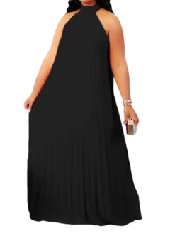 Women's Plus Size Curve Shift Dress Solid Color Halter Neck Ruched Sleeveless Spring Summer Basic Maxi Long Dress Casual Daily Dress -HANs Plus Size Style Shop mywtzg1654676760321