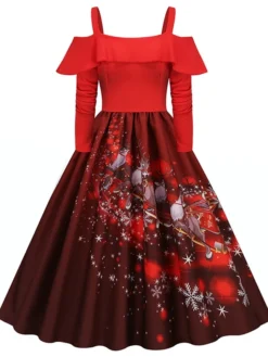 Women's Christmas Swing Dress Slip Dress Vintage Dress Midi Dress Black Wine Light Red Long Sleeve Santa Claus Cold Shoulder Winter Fall Autumn Spaghetti Strap Modern Vacation 2022 S M L XL XXL 3XL -HANs Plus Size Style Shop myxpoq1667793476882