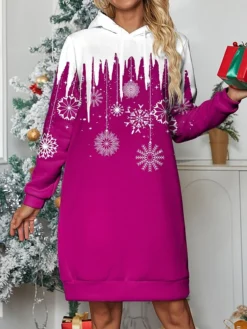 Women's Casual Dress Hoodie Dress Mini Dress Warm Fashion Outdoor Christmas Holiday Hoodie Print Snowflake Loose Fit Red Navy Blue Blue S M L XL XXL -HANs Plus Size Style Shop mzcydw1696733285186