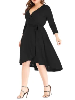 Women‘s Plus Size Curve Work Dress Semi Formal Dress Wrap Dress Fashion Midi Dress Lace Up V Neck Long Sleeve Plain Regular Fit Black Blue Spring Fall XL XXL 3XL 4XL 5XL -HANs Plus Size Style Shop mzeuvf1691402324686