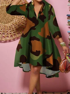 Women's Plus Size Curve Shirt Dress Casual Dress Swing Dress Floral Geometric Midi Dress 3/4 Length Sleeve Plus High Low Print Shirt Collar Fashion Daily White Yellow Fall Winter L XL XXL 3XL -HANs Plus Size Style Shop mziart1694594682473