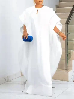 Women‘s Plus Size Curve Casual Dress Shift Dress Kaftan Dress Solid Color Long Dress Maxi Dress Half Sleeve Ruffle Crew Neck Elegant Vacation White Yellow Summer Spring One Size -HANs Plus Size Style Shop mzqqmx1677653319007