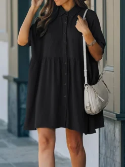 Women's Shirt Dress Casual Dress Mini Dress Outdoor Daily Cotton Basic Casual Shirt Collar Ruched Button Half Sleeve Summer Spring Fall 2023 Loose Fit Black White Pure Color M -HANs Plus Size Style Shop mztwft1681811922179