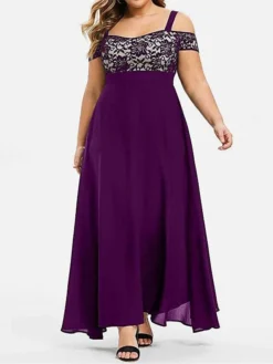 Women‘s Plus Size Curve Party Dress Homecoming Dress Formal Dress Solid Color Long Dress Maxi Dress Short Sleeve Lace Strap Modern Party Black Wine Summer Spring L XL XXL 3XL 4XL -HANs Plus Size Style Shop mzwino1672986716203