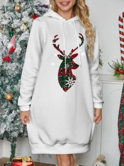 Women's Christmas Dress Hoodie Dress Mini Dress Warm Fashion Outdoor Christmas Holiday Hoodie Print Reindeer Snowflake Loose Fit Black White Wine S M L XL XXL -HANs Plus Size Style Shop nafgkz1697633974050