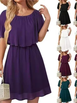 Women's Casual Dress Summer Dress Plain Dress Midi Dress Fake Two Piece Outdoor Street Daily Fashion Streetwear Crew Neck Short Sleeve 2023 Loose Fit Black White Wine Color S M L XL XXL Size