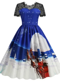 Women's Christmas Casual Dress Swing Dress Midi Dress Blue Purple Red Short Sleeve Elk Print Lace Print Winter Fall Crew Neck Vacation Vintage 2022 S M L XL XXL 3XL