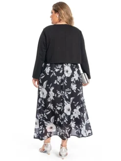 Women‘s Plus Size Curve Two Piece Dress Set Casual Dress Chiffon Dress Outdoor Daily Fashion Elegant Print Long Dress Maxi Dress V Neck Long Sleeve Floral Regular Fit Black Summer Spring -HANs Plus Size Style Shop napnws1694770880491