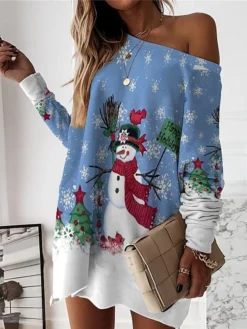 Women‘s Christmas Casual Dress Sweatshirt Dress Mini Dress Warm Fashion Outdoor Holiday Crew Neck Print Santa Claus Snowman Loose Fit White Red Royal Blue S M L XL XXL -HANs Plus Size Style Shop napwtp1694590813846