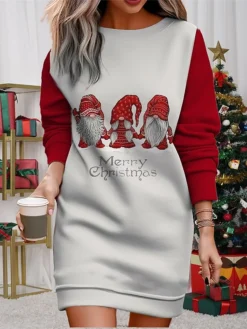 Women's Christmas Casual Dress Sweatshirt Dress Mini Dress Warm Fashion Outdoor Vacation Crew Neck Print Geometric Santa Claus Loose Fit Black Red Burgundy S M L XL XXL