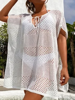 Women's Cover Up Beach Dress Beach Wear Mini Dress Hole Casualy Plain V Neck Short Sleeve Loose Fit Outdoor Daily Black White 2023 Spring Summer One Size -HANs Plus Size Style Shop navafs1673338617096