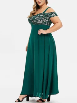 Women‘s Plus Size Curve Party Dress Homecoming Dress Formal Dress Solid Color Long Dress Maxi Dress Short Sleeve Lace Strap Modern Party Black Wine Summer Spring L XL XXL 3XL 4XL -HANs Plus Size Style Shop nawowz1673244327613