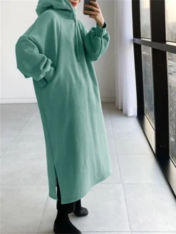 Women's Casual Dress Hoodie Dress Long Dress Maxi Dress Active Daily Outdoor Holiday Vacation Hoodie Solid Color Loose Fit ArmyGreen Black Green S M L XL XXL -HANs Plus Size Style Shop nbbkob1695027791835
